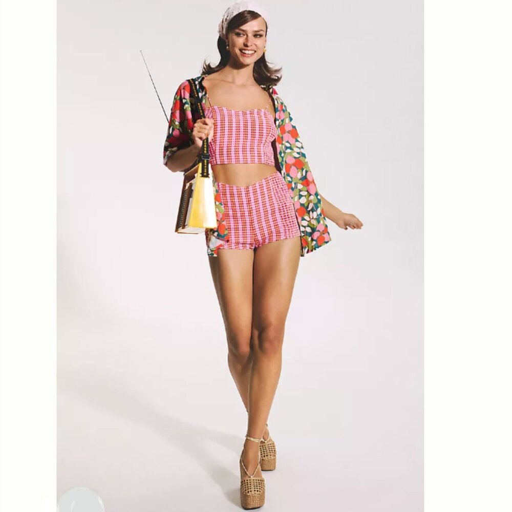 Brand New 2-Pc Set By Anthropologie Gingham Cropped Tank & Shorts